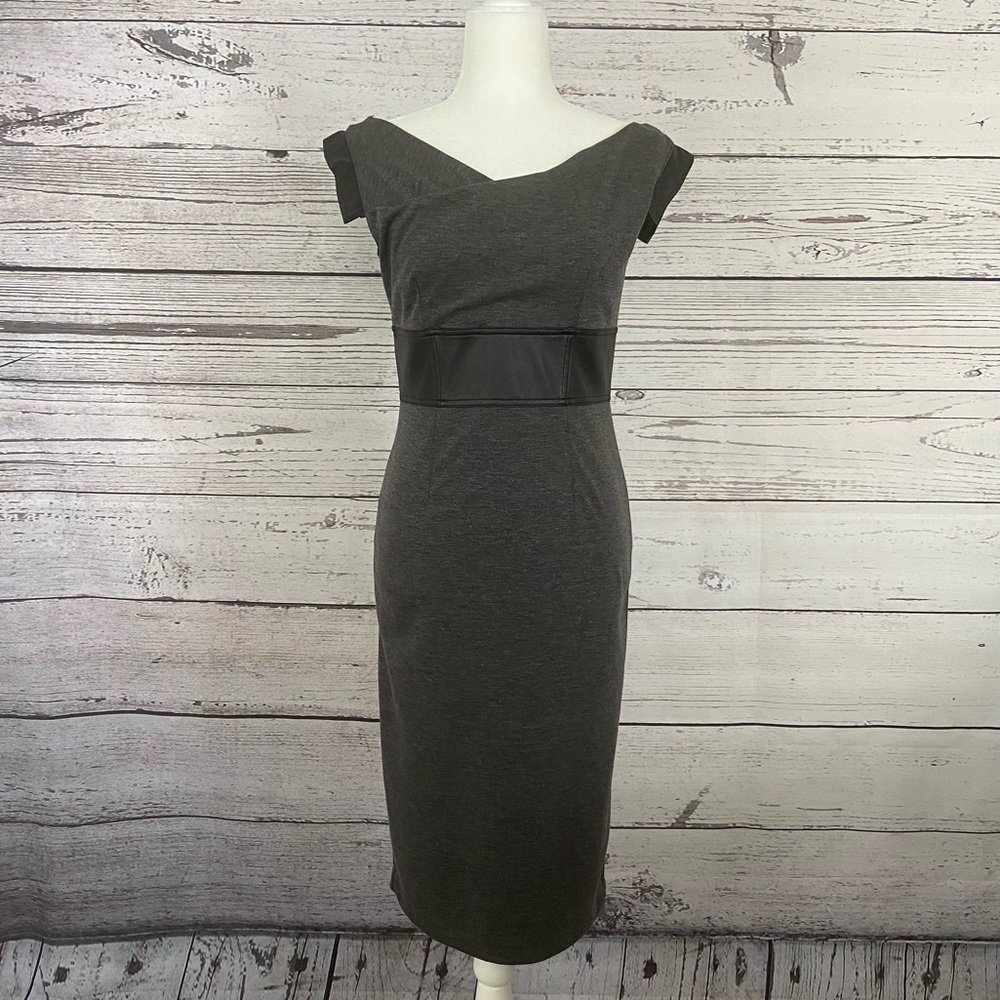 Maggy London, Gray with Faux Leather Waist, Mid calf length